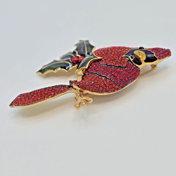 Joan Rivers Cardinal Brooch Vtg Pave Crystal Bird Enamel Holly Holiday Winter - Picture 6 of 14